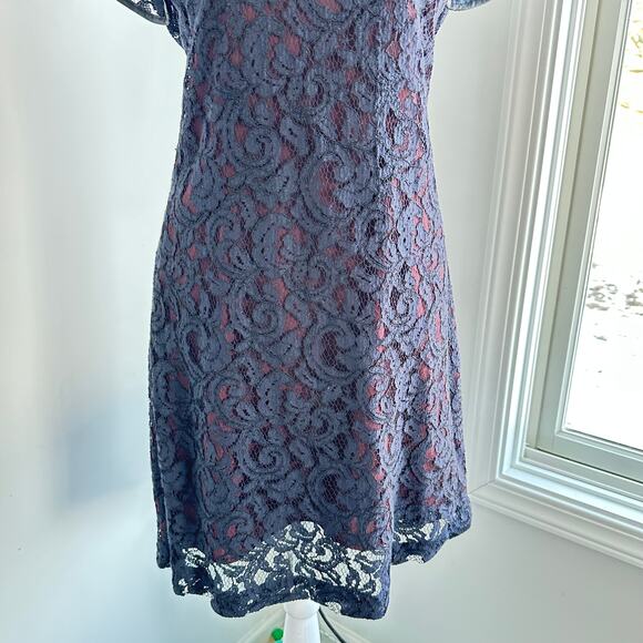 Club Monaco Navy Blue Lace Leather Trim Knee Length Layered Dress Size 6 - Picture 3 of 7